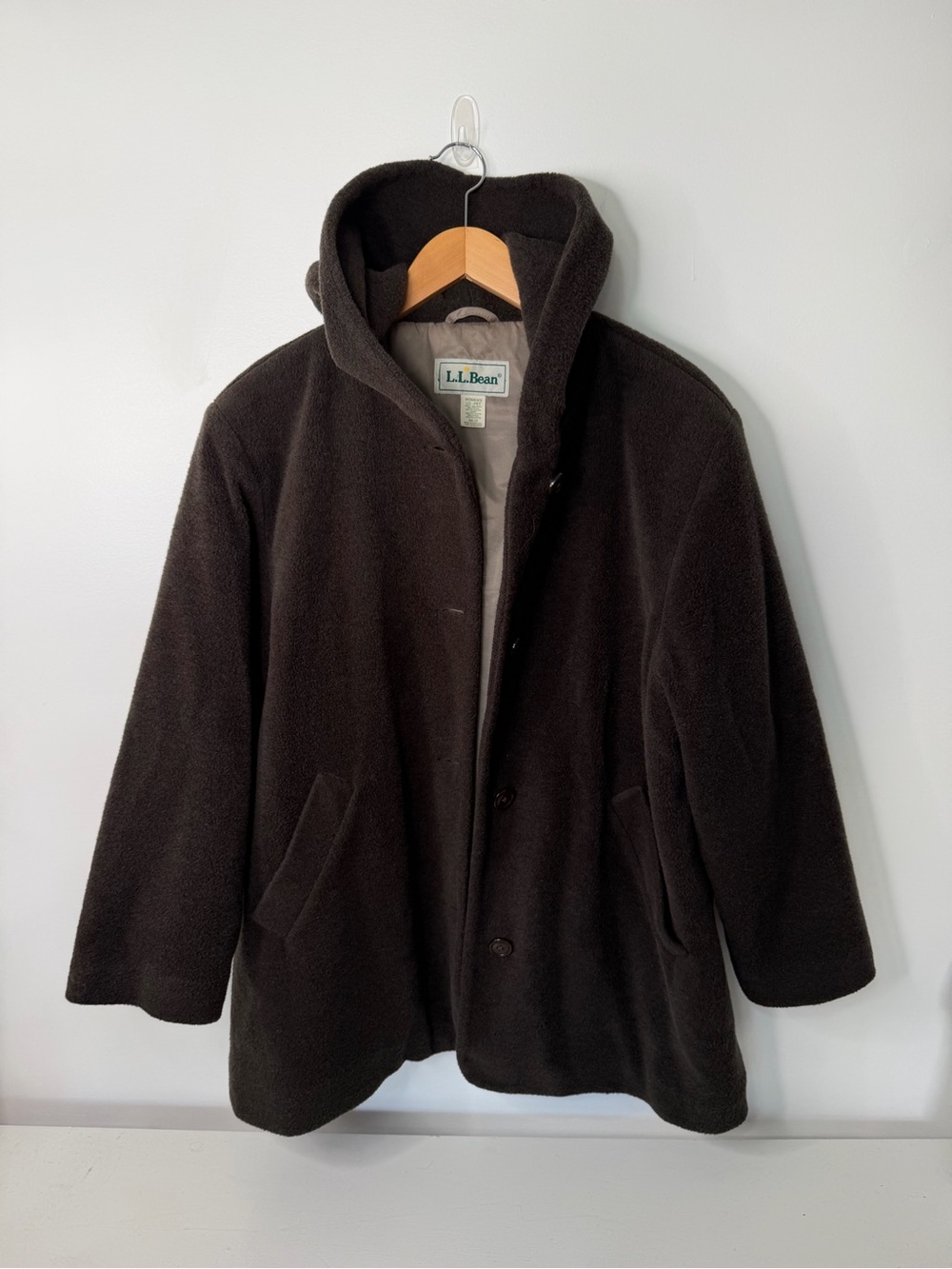 Vintage L.L.Bean Wool Blend Fleece Hooded Teddy Coat Jacket Brown Women’s L 90s